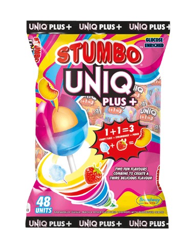 Stumbo UNIQ Plus+ Candy Floss, Strawberry, Peach Lollipops 48